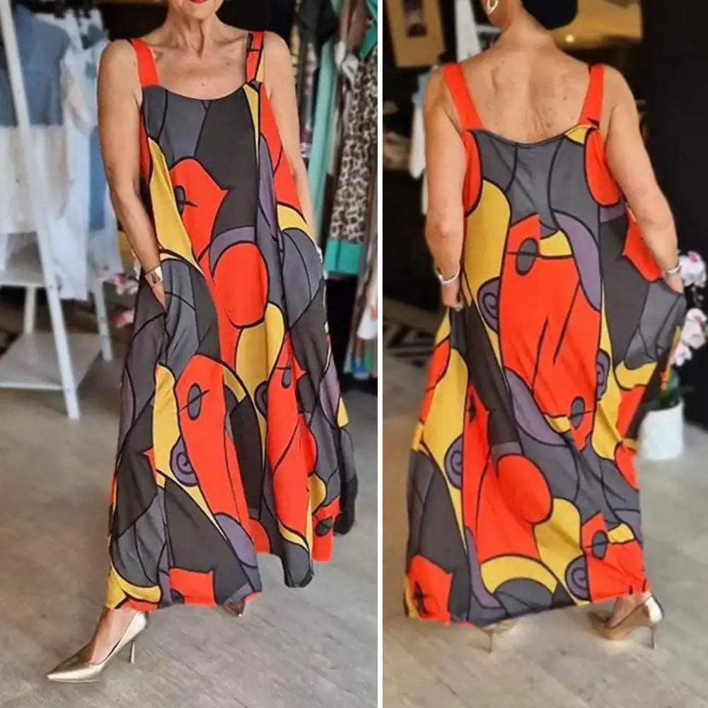 

Dress Colorful Print Maxi Dress with Side Pockets for Women A-line Vacation Beach Sundress with Big Hem Ankle Length Lightweight