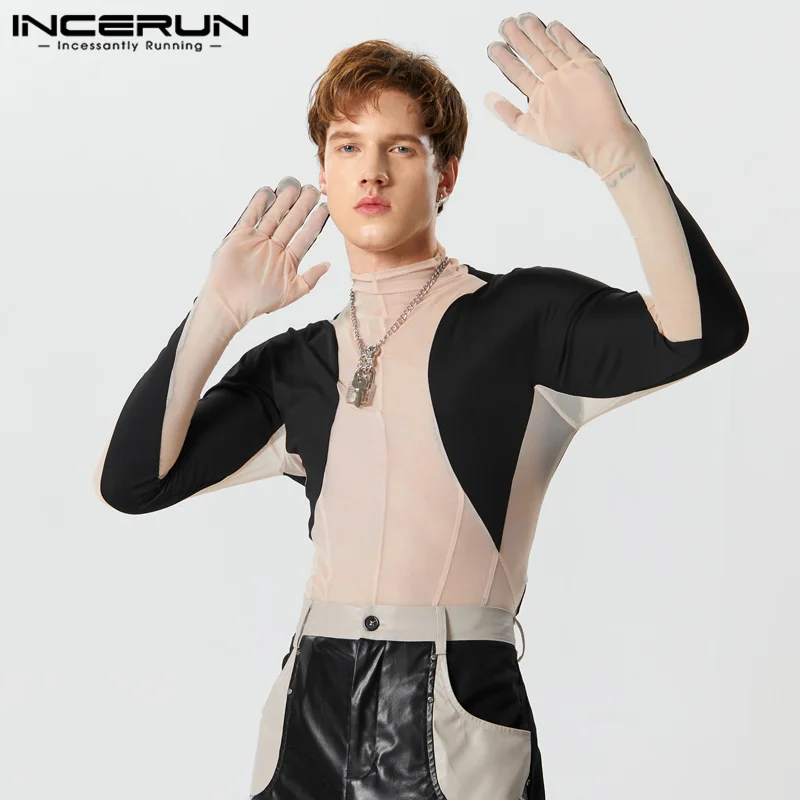 

INCERUN 2023 Sexy Fashion Style Men's Jumpsuit Casual See-through Mesh Bodysuit Male Splice Contrast Thimble Thin Rompers S-5XL