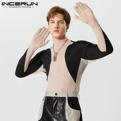 INCERUN 2023 Sexy Fashion Style Men's Jumpsuit Casual See-through Mesh Bodysuit Male Splice Contrast Thimble Thin Rompers S-5XL