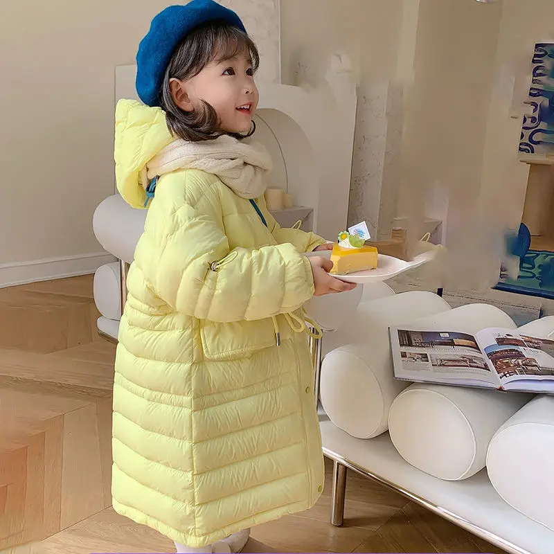 

Girls' Long White Duck Down Jackets Children Slim Waist Hooded Soft Warm Coats Kids Hooded Fashion Down Parkas