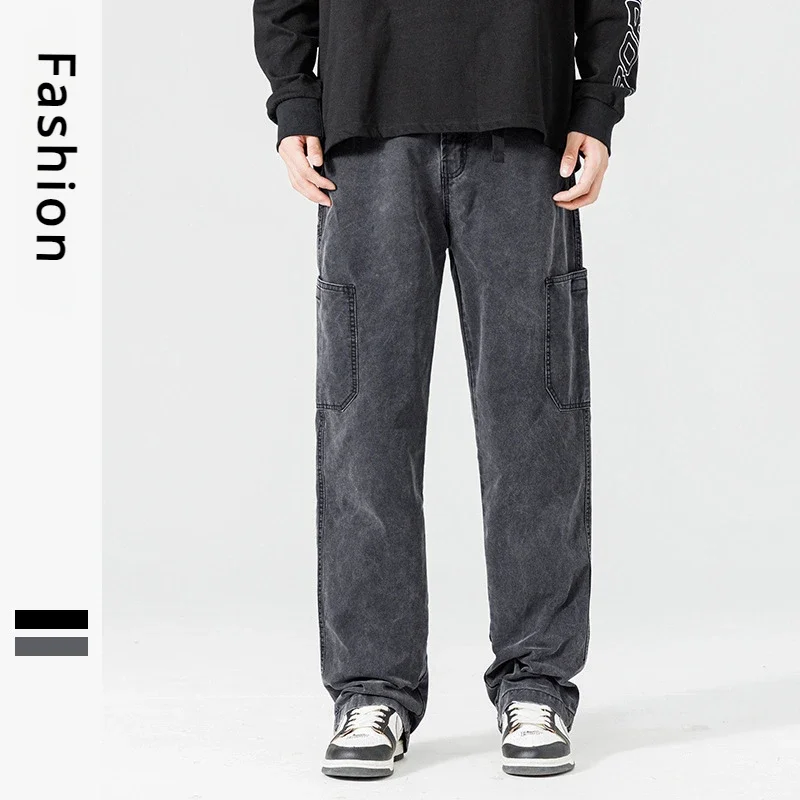 Men's Solid Cotton Pants Spring Autumn Casual Loose Straight Pants Male Trend Sportwear Oversize Wide Leg Trousers Streetwear