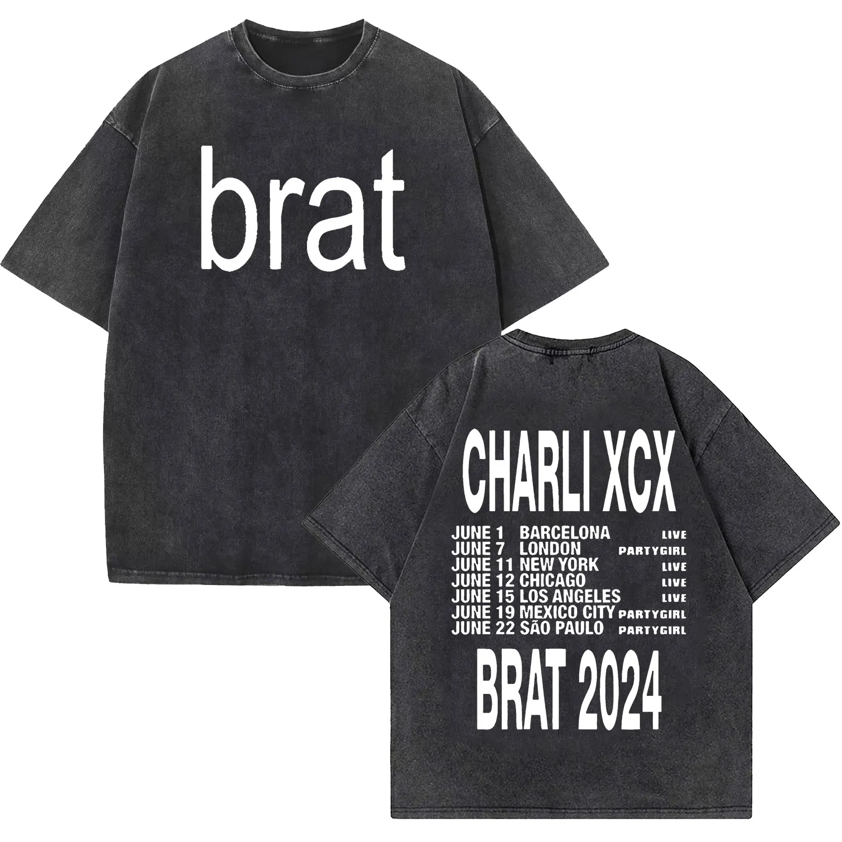 Charli Xcx Brat 2024 Tour Album Letter Print T Shirts Men Hip Hop High Quality Vintage Washed Fashion T-shirt Unisex Streetwear 6