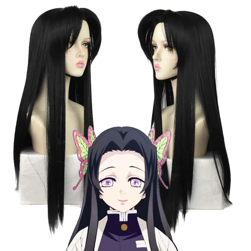 SHANGZI Game Anime Demon Slayer Cosplay Wig Pre Styled 85cm Long black straight hair bow tie wigs Heat Resistant Synthetic joneting synthetic agatsuma zenitsu cosplay wigs yellow gradient long horsetail anime demon slayer wig female halloween party
