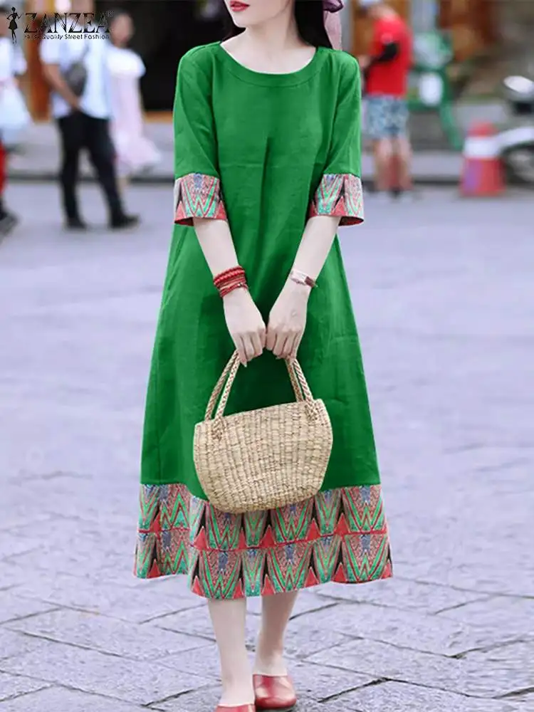

ZANZEA Women Retro Printed Stitching Sundress Fashion 2024 Vintage O-neck 3/4 Sleeve Midi Dress Robe Summer Holiday Casual Dress