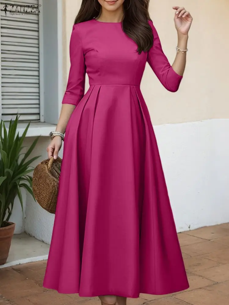 ZANZEA Elegant Maxi Long Dress Women 3/4 Sleeve Office Sundress 2025 Fashion A-Line Party Vestido Solid European Casual Robe 3