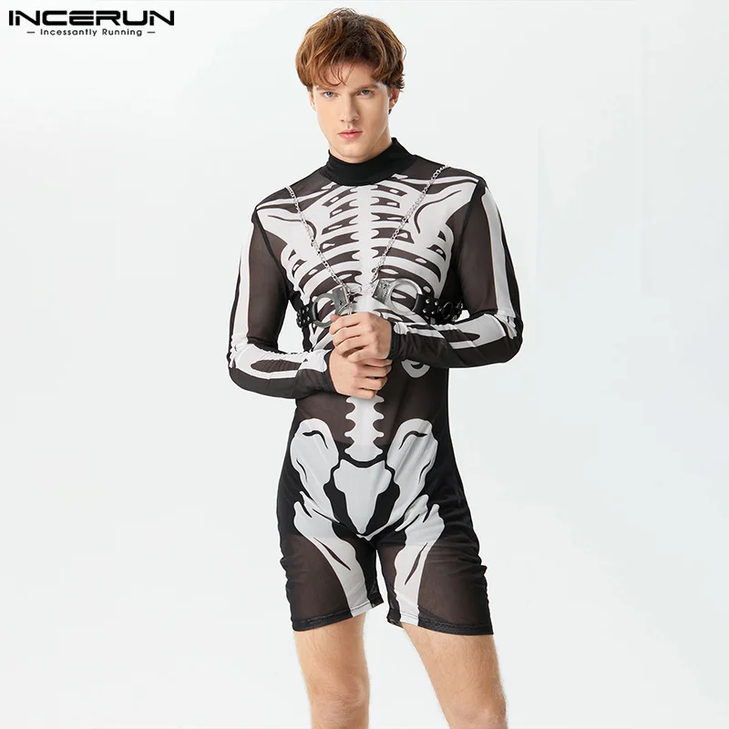 

Sexy Style Homewear Rompers New Men Skeleton Print Pattern Jumpsuit Mesh Half High Neck Long Sleeve Bodysuits S-3XL INCERUN 2023