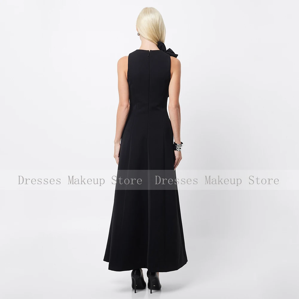 Black Prom Dress Maxi Ruffle O Neck A Line Ankle Length Simple Party Gowns for Women Sleeveless Pockets Evening Dresses