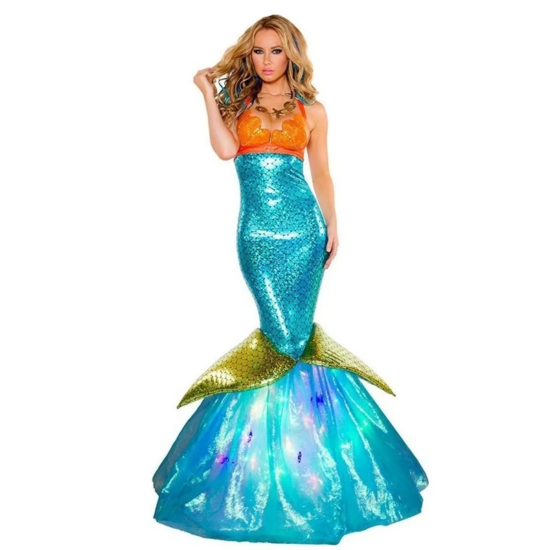 Adult Mermaid Costume Strapless Tube Tops Ruffle Sequin Long Tail Cosplay Fancy Dress Halloween Costumes (A-Blue, L