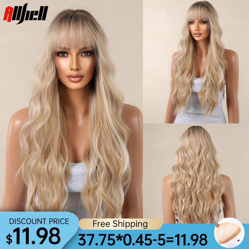 Long Wavy Blonde Synthetic Wigs for Black Women Platinum Highlights