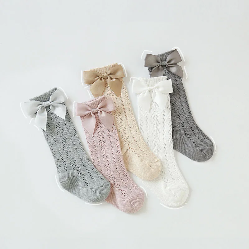 Summer Solid Color Spanish Bow Princess White Socks Mesh Hollow Out Thin Stitch Knee High Long Tube Stockings for Children Girls