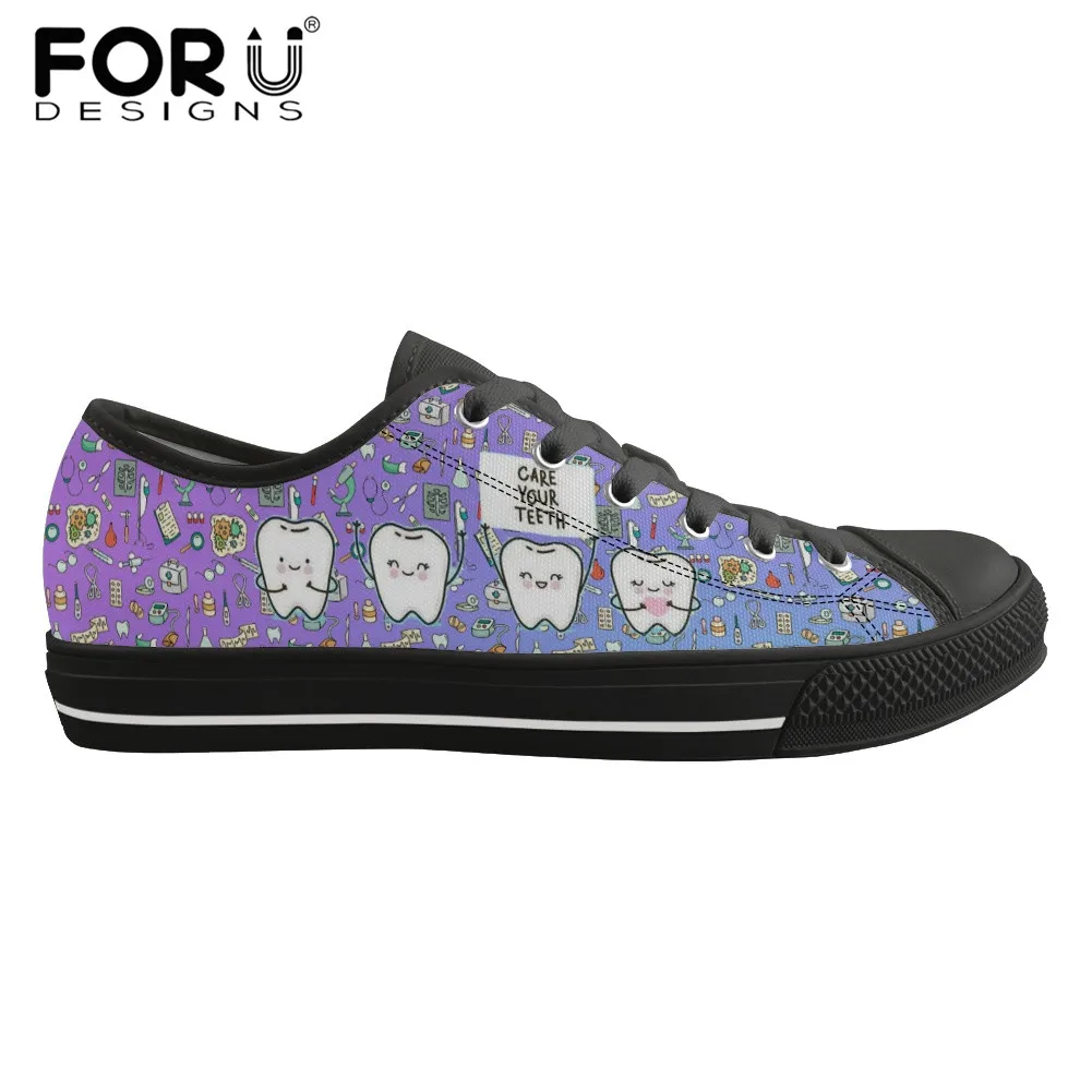 

FORUDESIGNS Kawaii Мультфильм уход за зубами узор женские низкие холщовые Ботинки легкие на шнуровке кроссовки Повседневная весенняя обувь