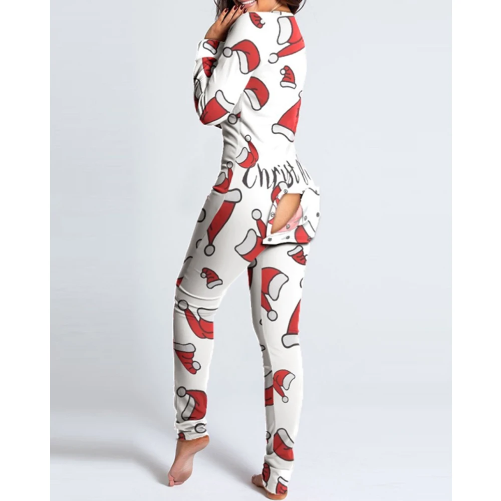 Women Jumpsuit Christmas Onesies Print Outfit Button-down Front Back Butt Bum Open Ass Flap kigurumi pajamas onesies cosplay pajamas onesies women bodysuit sleep wear set women suspender pajamas flannel pajamas onesies