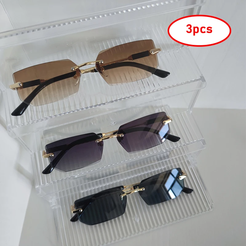 

3pcs/Set Women Sunglasses Fashion Rimless Rectangle Small Frame Sun Glasses Summer Outdoor Female Trendy Accessory Eyewear
