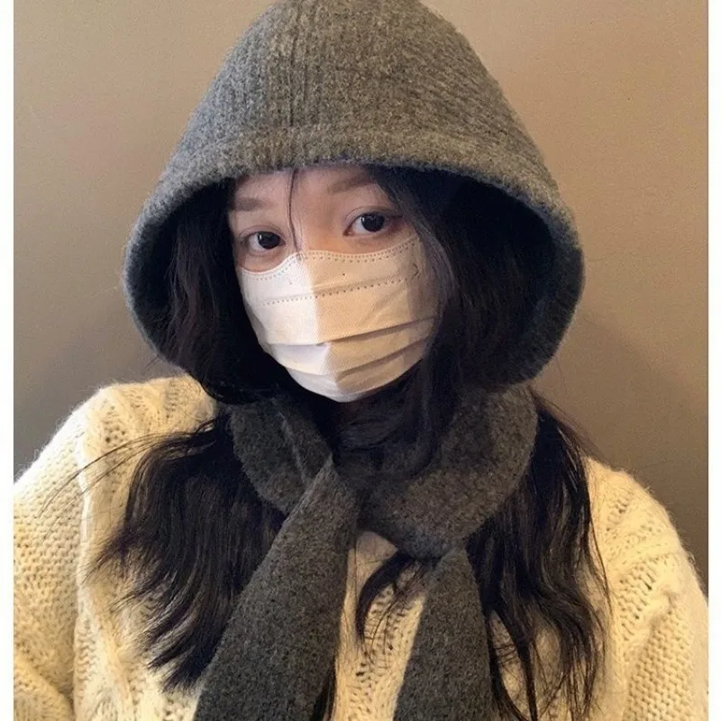 Korean Hats Scarf Set with Botton Scarf Balaclava Hat Warm Neck Set Women Knitted Wool Pullover Hat Gothic Y2k Winter