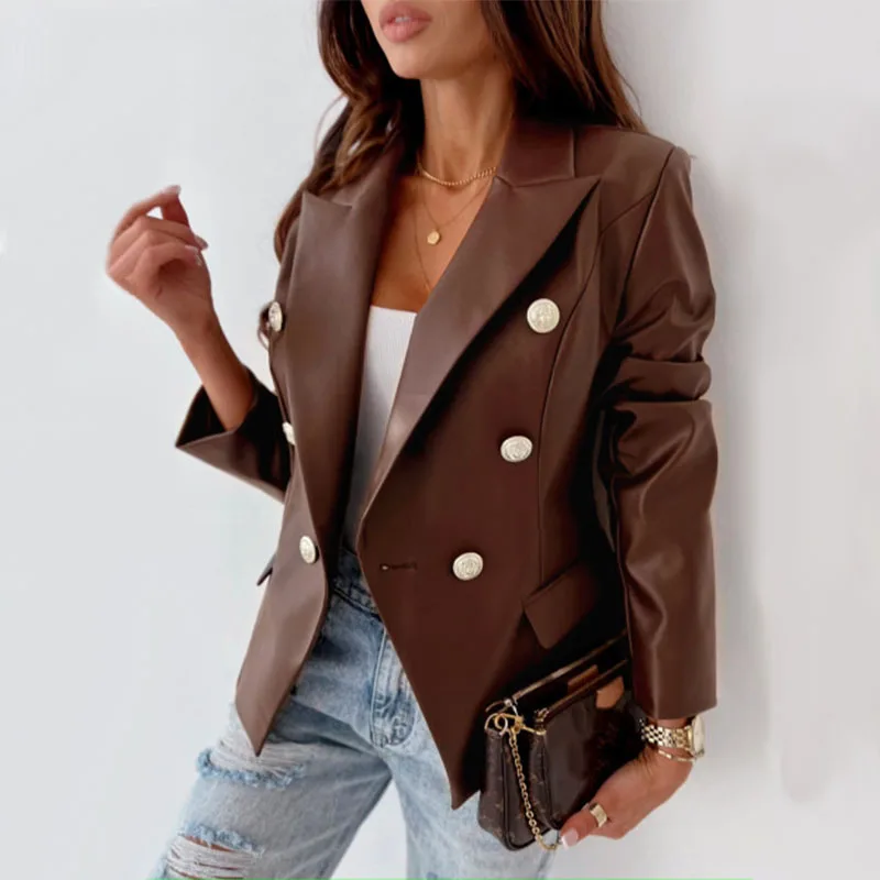 

Women Faux Leather Coats Solid Color 2022 Autumn Winter Fashion Blazers Outerwear Button Female Turndown Collar PU Jackets