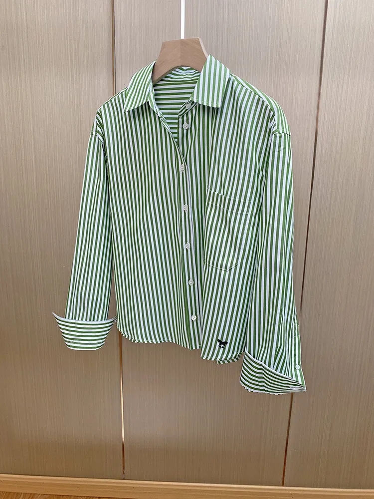 

2023 Autumn Women's Green Stripes Shirt Embroidery Butterfly Letter Turn-Down Collar Cotton Top Female Single Breasted Blouse