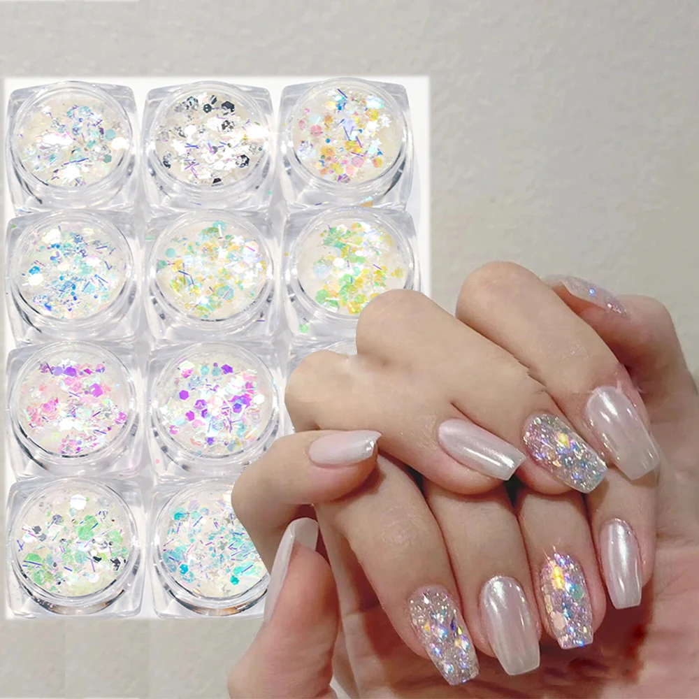 1 Scatola Diamond White Nail Glitter 12Jar Mix-Shape Aurora Chunky Nail Paillettes "Mermaid Gel Paillette" Accessorio Polish Manicure Decor