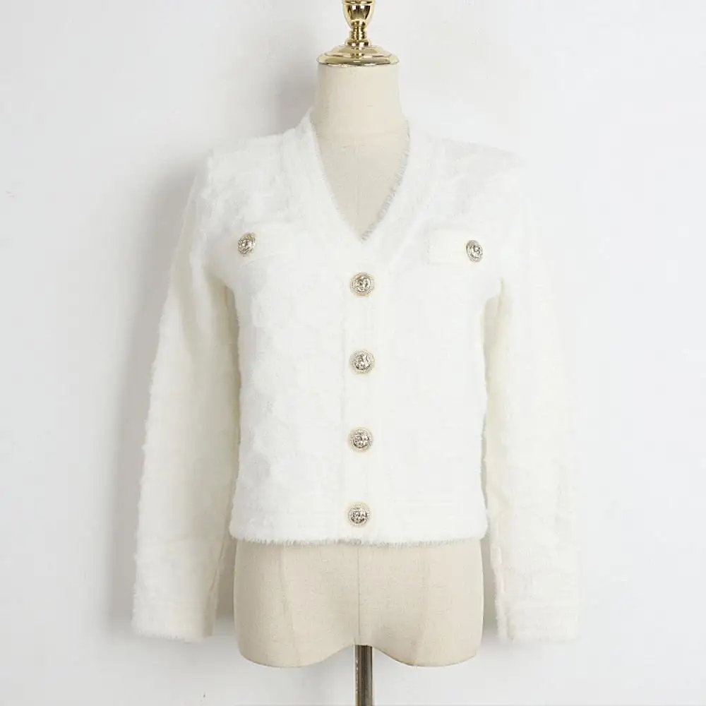 

V-Neck Plaid Mink Fur Wool Women Slim Long Sleeve Cardigans 2024 Fashion Ladies Solid Color Metal Single Breasted Sweater