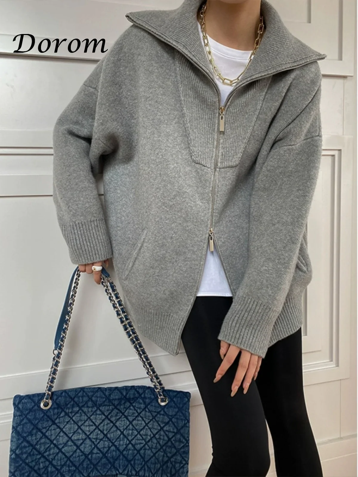 

Double Zipper Cashmere Sweater Women Autumn Winter Warm Vintage Turtleneck Oversized Knitted Cardigan Casual Loose Knitwear Tops