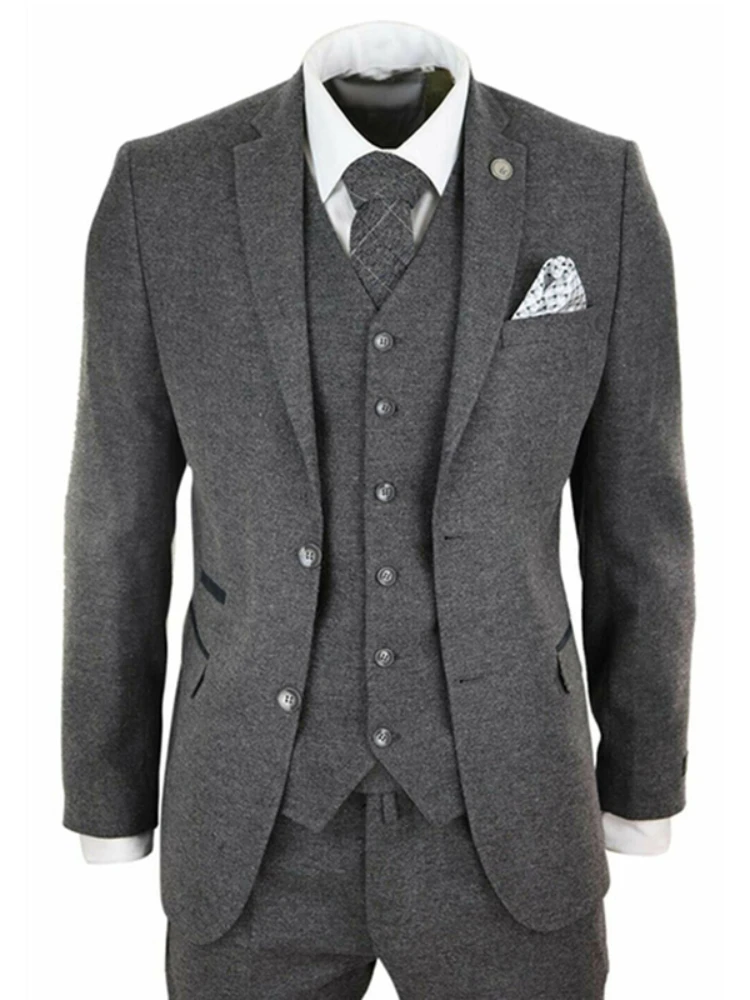 

Wool Men's Suits Slim Fit Tailor Made Wedding Tuxedos for Groom Notched Lapel Formal Suit Jacket Vest with Pants Fashion Costume