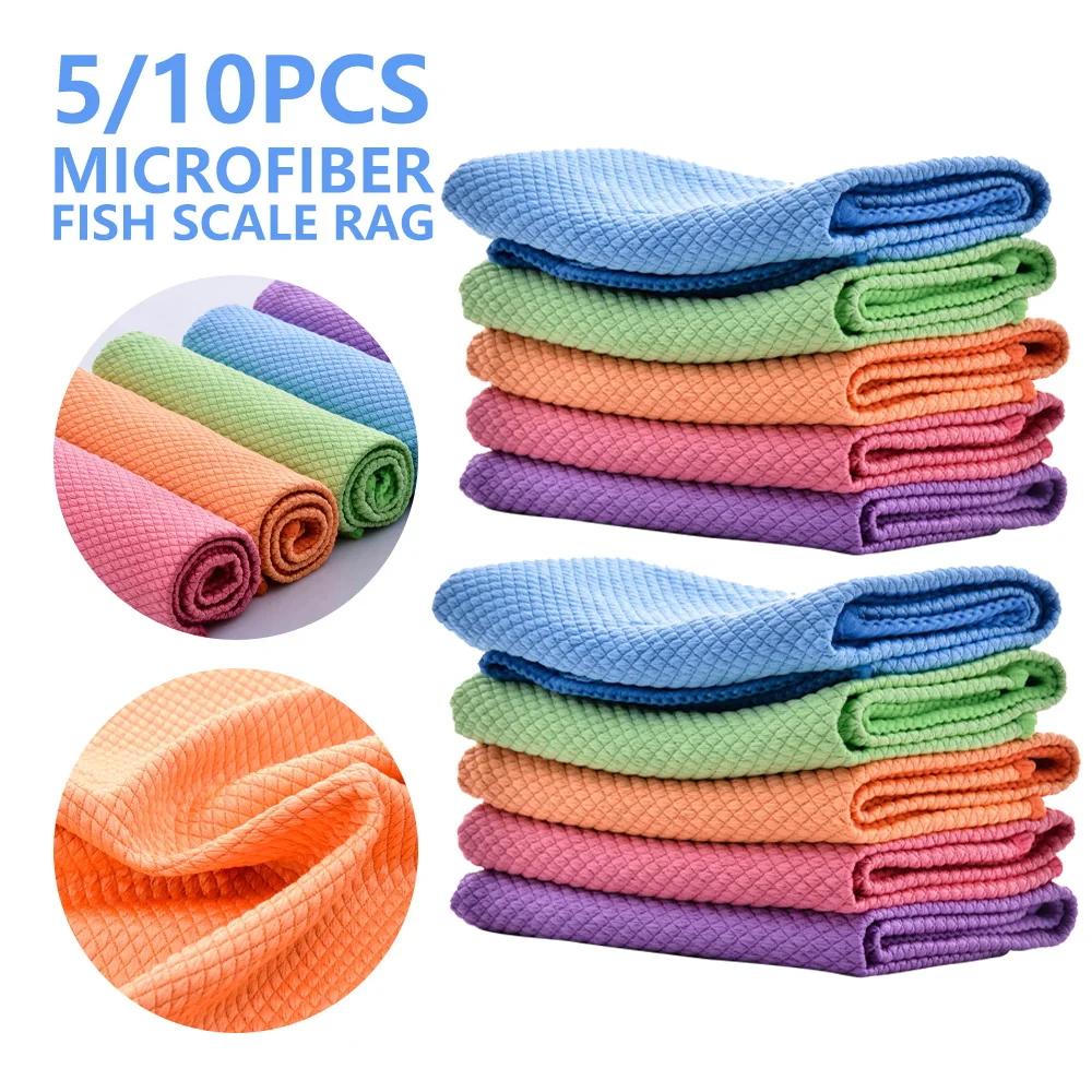 5/10pcs Microfibre Dish Towels Fish Scale Cleaning Cloth Reusable