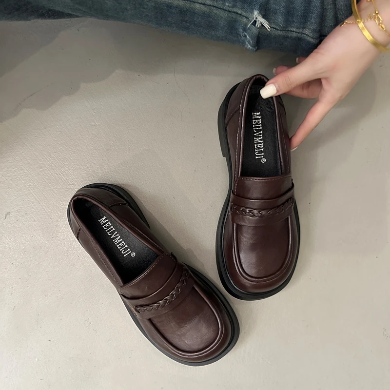 Aphixta New Weave Dec Woman Loafers Flats Shoes Sewing Round Toe Shallow Women's Shoes Classic Brown Spring Daily Footwear