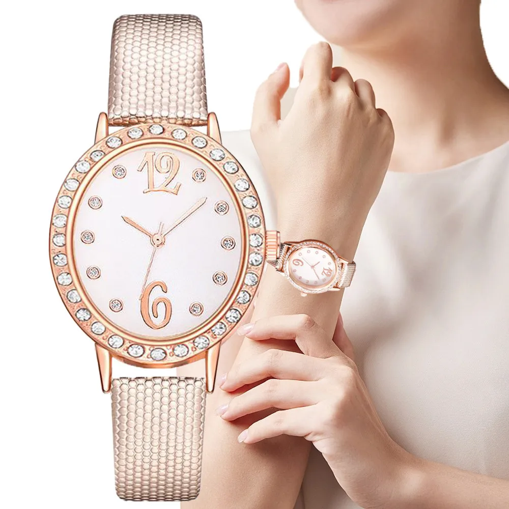 Fashion Ladies Oval Diamond Lady DQG Branded Simple Quartz Watch Casual Leather Khaki Women Clock Watches