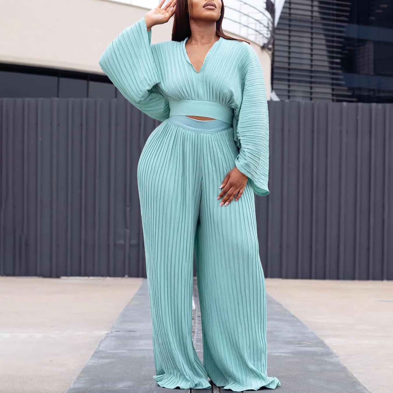 

Solid Color Pleat Loose Two Piece Sets Women Deep V-neck Ruched Bat Sleeve Tops Loose Length Wide Leg Pants 2 Piece Suits