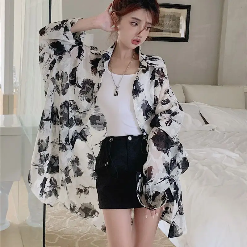 Korean Style Loose Single breasted Thin Sun Protection Coats for Women Long Sleeve Turn-down Collar Fashion Printing Lady Shirts 13pcs protection nozzle two protection welding gun accessories protective sleeve 15ak contact nozzle protection nozzle