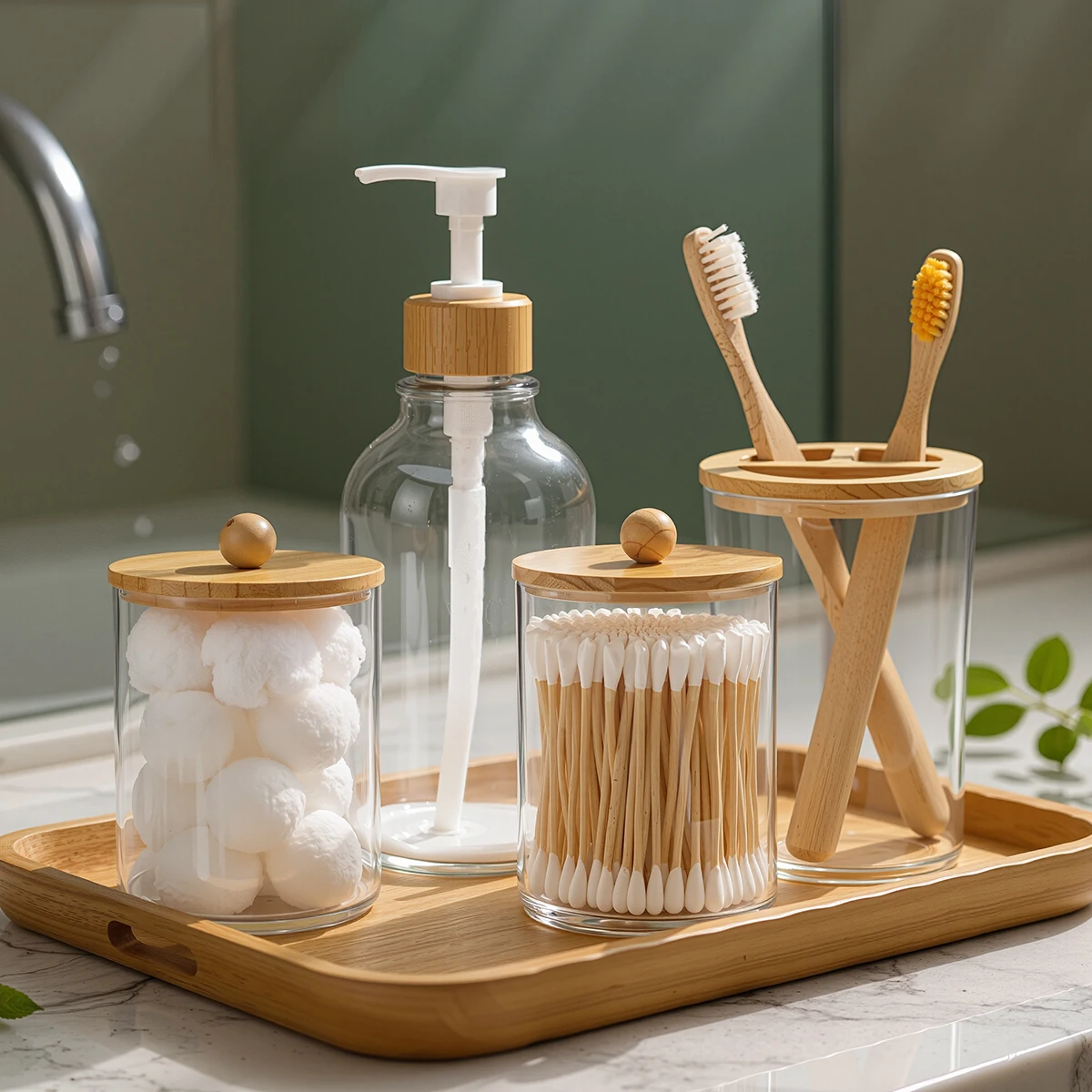 4-Pc Bathroom Set Acrylic Soap Dispenser Toothbrush Cup Cotton Swab Jar Cotton Ball Canister Bamboo Lid Modern Bath Storage​