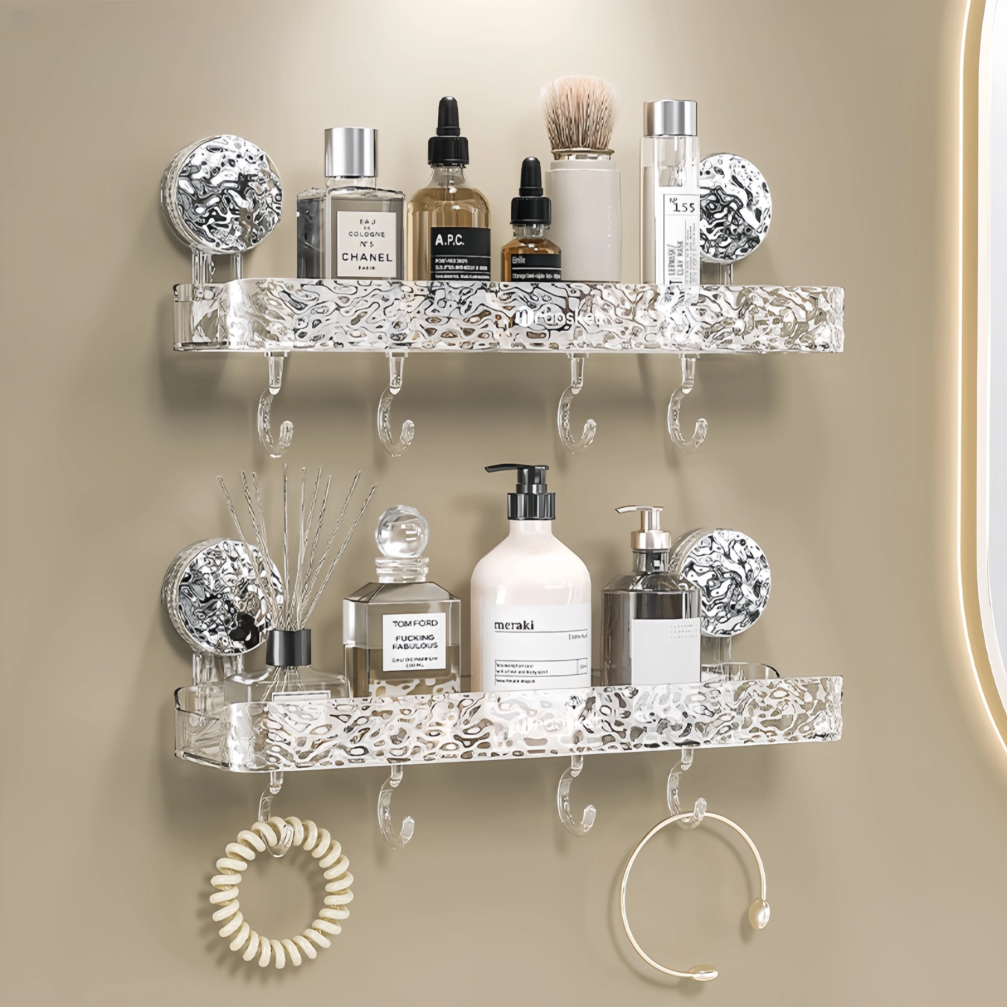 Shower Suction Cup Shelf Basket Light Glacier Pattern One Second Installation bathroom Organizer Storage Rotating to Suck Remove