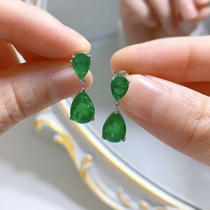 

Handmade Emerald Diamond Dangle Earring 100% Real 925 sterling silver Jewelry Engagement Wedding Drop Earrings for Women Gift