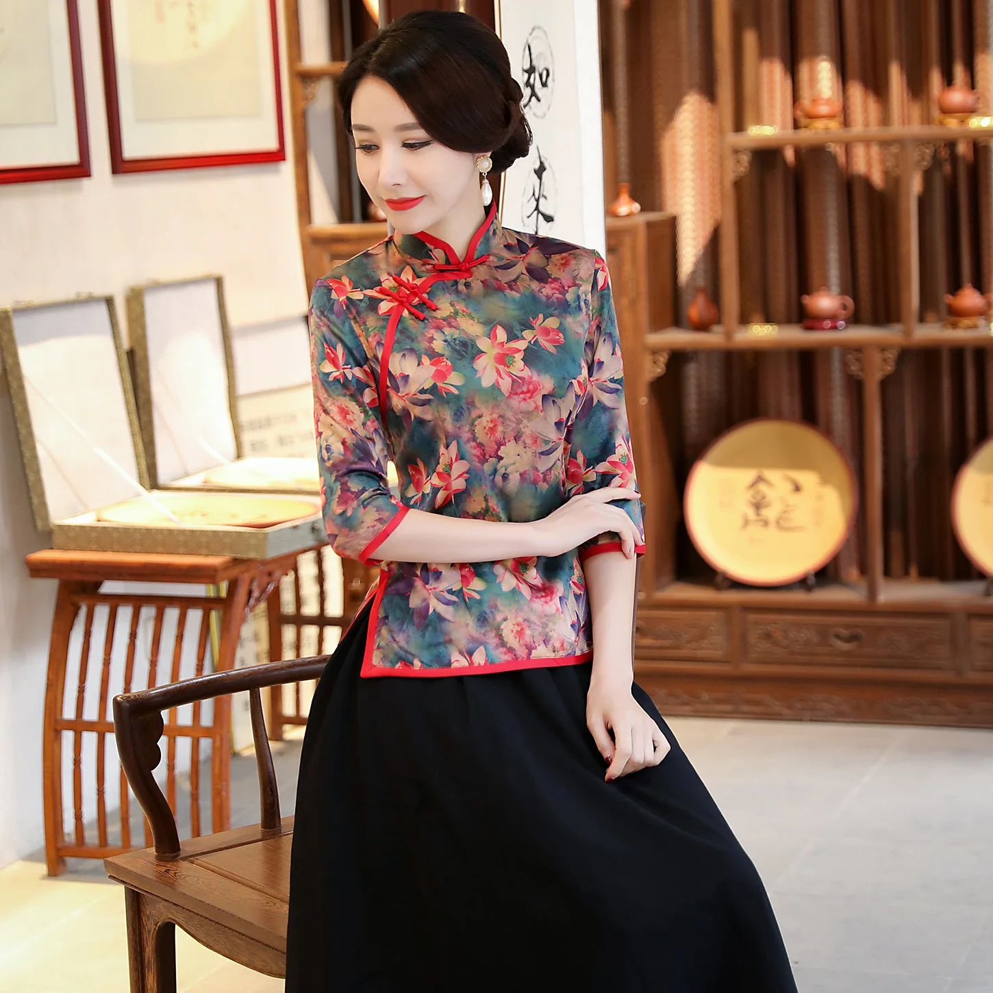 

Spring Summer New Women Chinese Lady Modal Print Performance Clothing Vintage Button Female Traditional Cheongsam Top