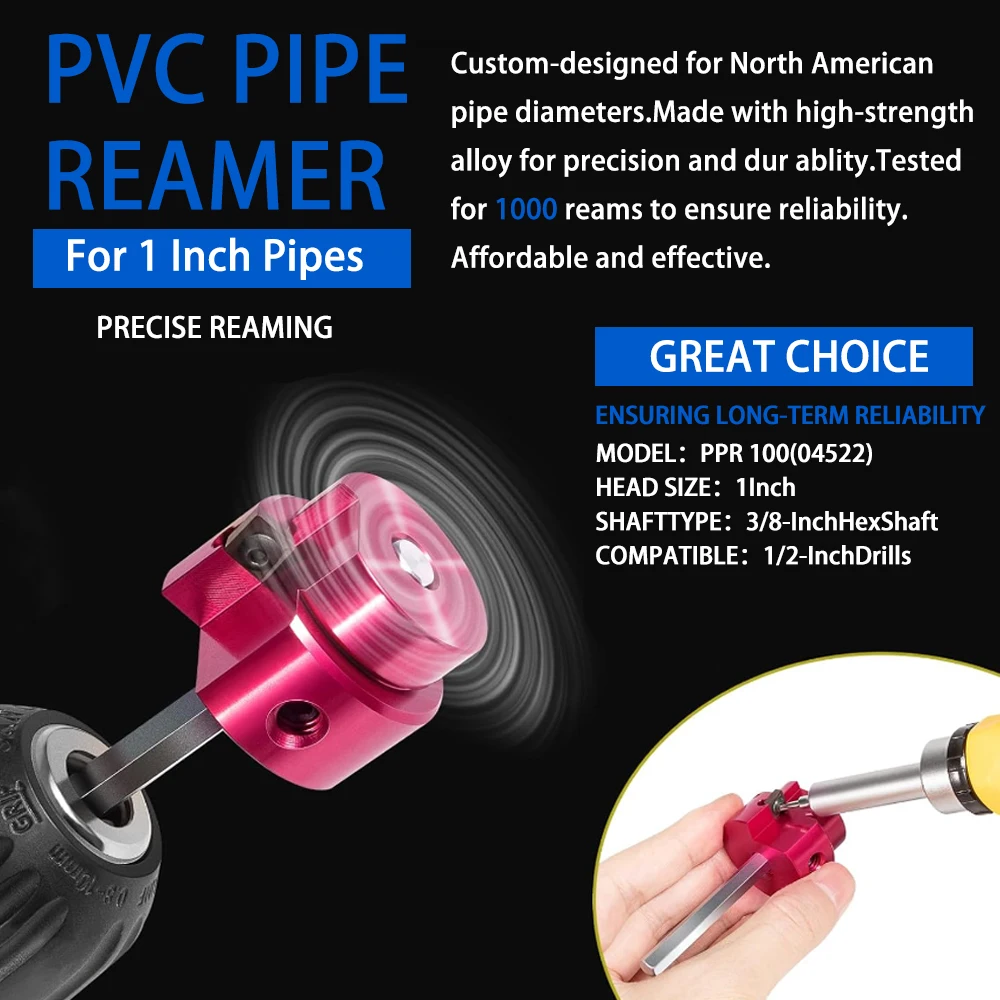 PPR200 PVC Pipe Reamer Fitting Saver 2 & 1-1/2 Inch Head For Schedule 40 PVC Pipe CPVC & ABS Drain with 3/8-Inch Hex Shaft hand reamer hss reamer steel reamer tools cobalt reamer carbide reamer tube reamer