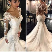 Gorgeous Lace Mermaid Wedding Dresses African Arabic Style Petite Long Sleeves Fishtail Bridal Gowns Plus Size 1