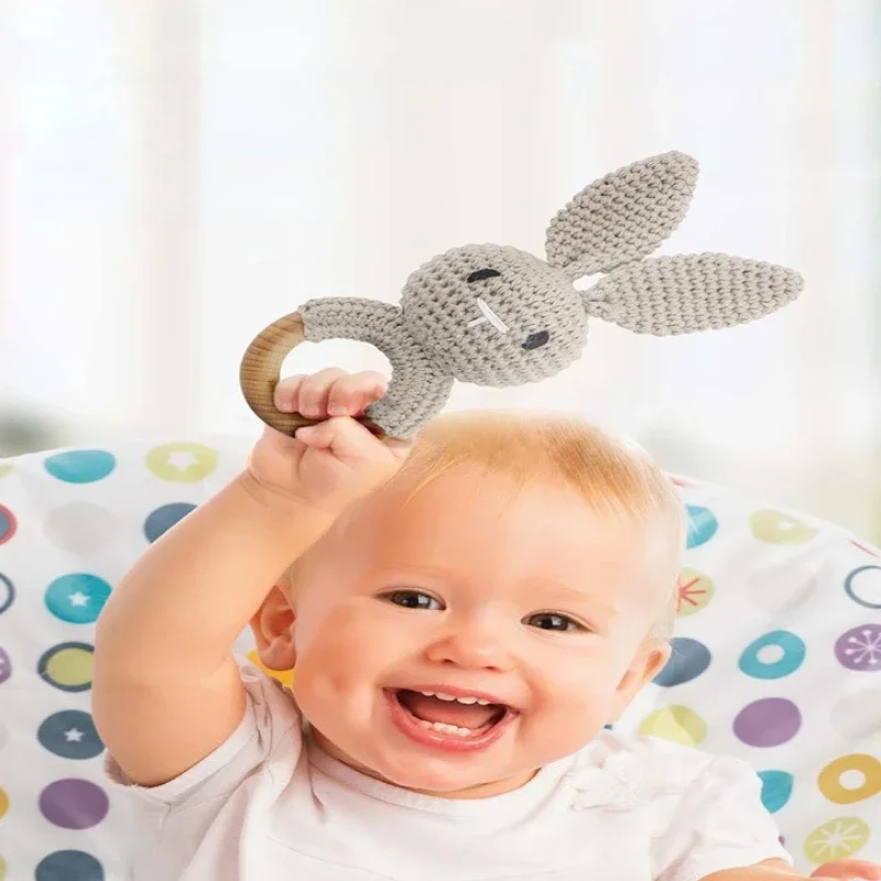 Baby Rattles Cute Cartoon Newborn Animal Rabbit Grab Ability Training Toys Infant Bell Toy Original Wood Crochet Hook Knitted