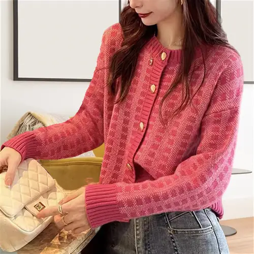 Blouse Jumper Coat Women's Spring/Autumn Knitwear Tartan Loose-fitting Flattering Charming Trendy Cardigan Casual Fashionable - Image 2