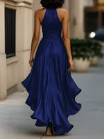 Freeacy Women's Deep V-neck Ruffled Evening Gowns Solid Color Lace-up High Waist Satin Party Dresses Wedding Guests Dress - Image 2