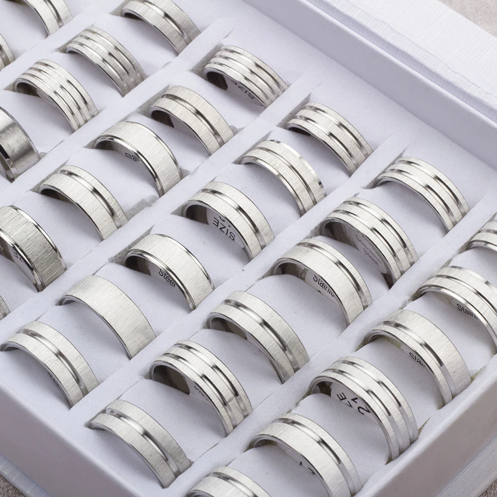 36Pcs/lot Men's Finger Ring Drawing Stripe Stainless Steel Jewelry Rings Wholesale Mixed Styles Mixed Size Gift