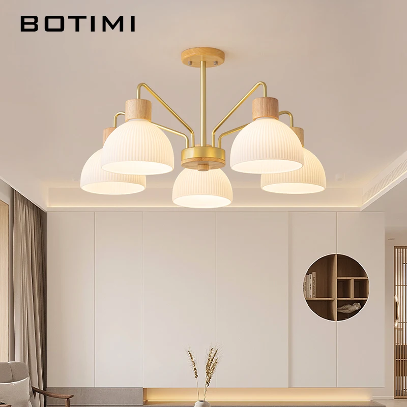 BOTIMI Wooden Chandelier Lighting With Glass Lampshades For Living Room Wood 3 Lights Dining Light 5 Lamp Hanglamp LED Included