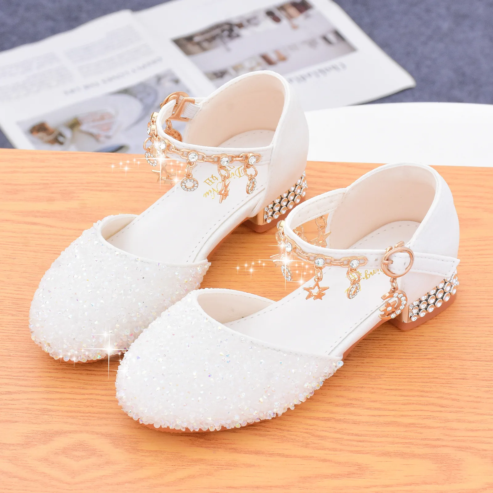 Ivory / Pink Leather Rhinestone Pearls Wedding Flower Girl Shoes High -  Princessly