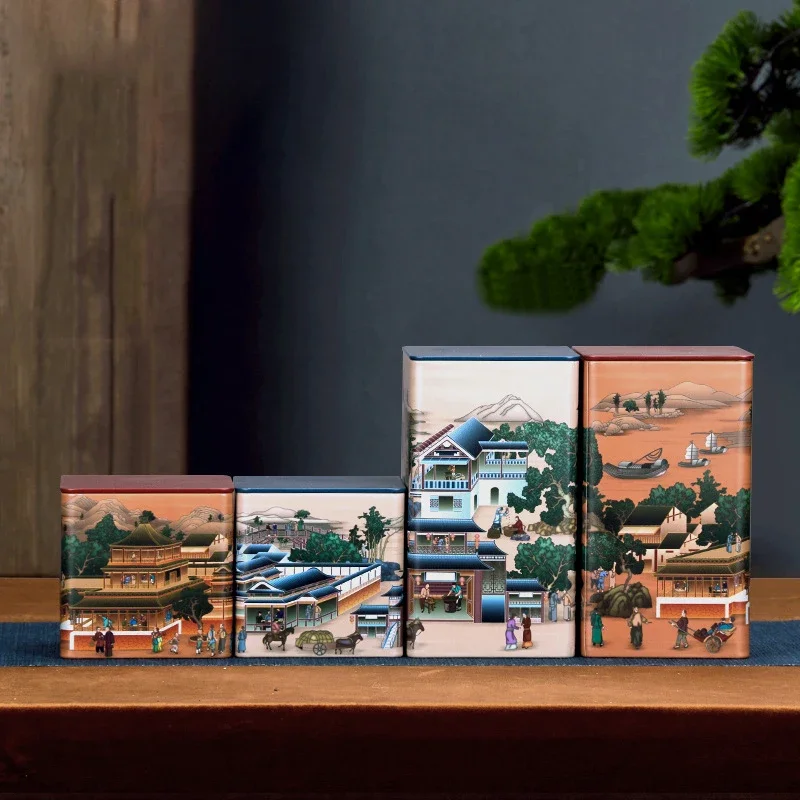 Tea Tin Box Tea Canister Creative Square Tea Jar Tinplate Storage Jar Chinese Candy with Lid Storage Box Living Room Decoration Home Decoration