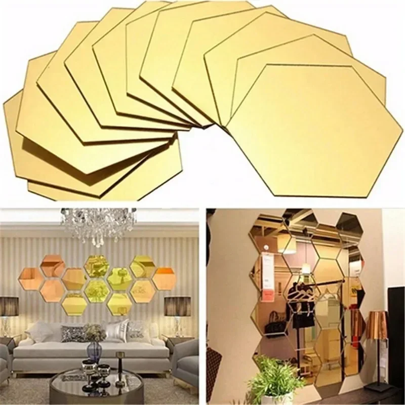 3D Mirror Wall Sticker Hexagon Acrylic Mirror Removable Self-adhesive Gold Silver Solid Paster 100/1x For Room Decor