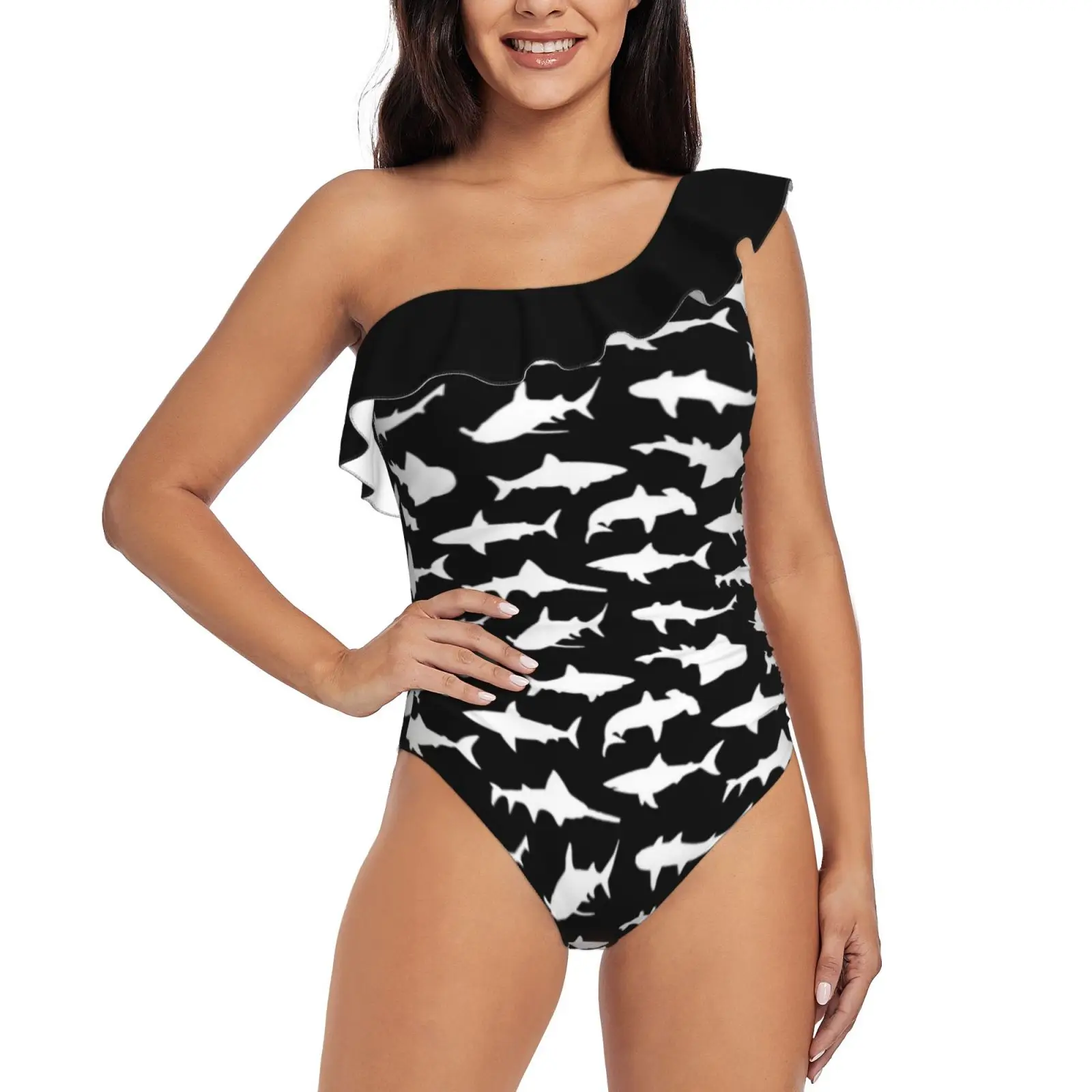 Sharks On Black One-Piece Swimsuit One Shoulder Ruffle Swimsuit Sexy Monokini New Girl Beach Swimwear Shark Sharks Shark Week