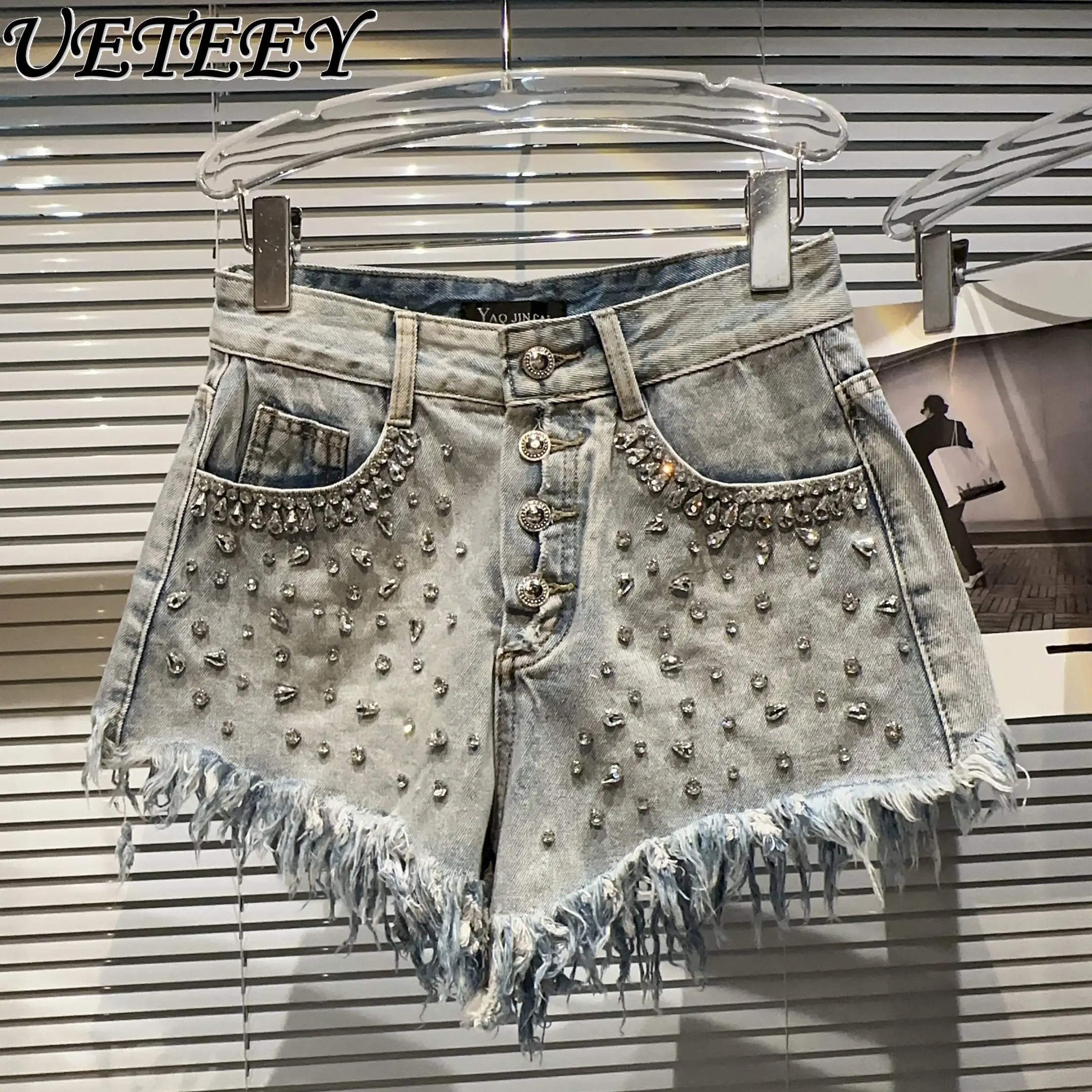 

2024 Summer New Blue Color Denim Shorts Women High Street Cool Large Rhinestone Beaded Tassel Black Denim Shorts Femme Hot Pants