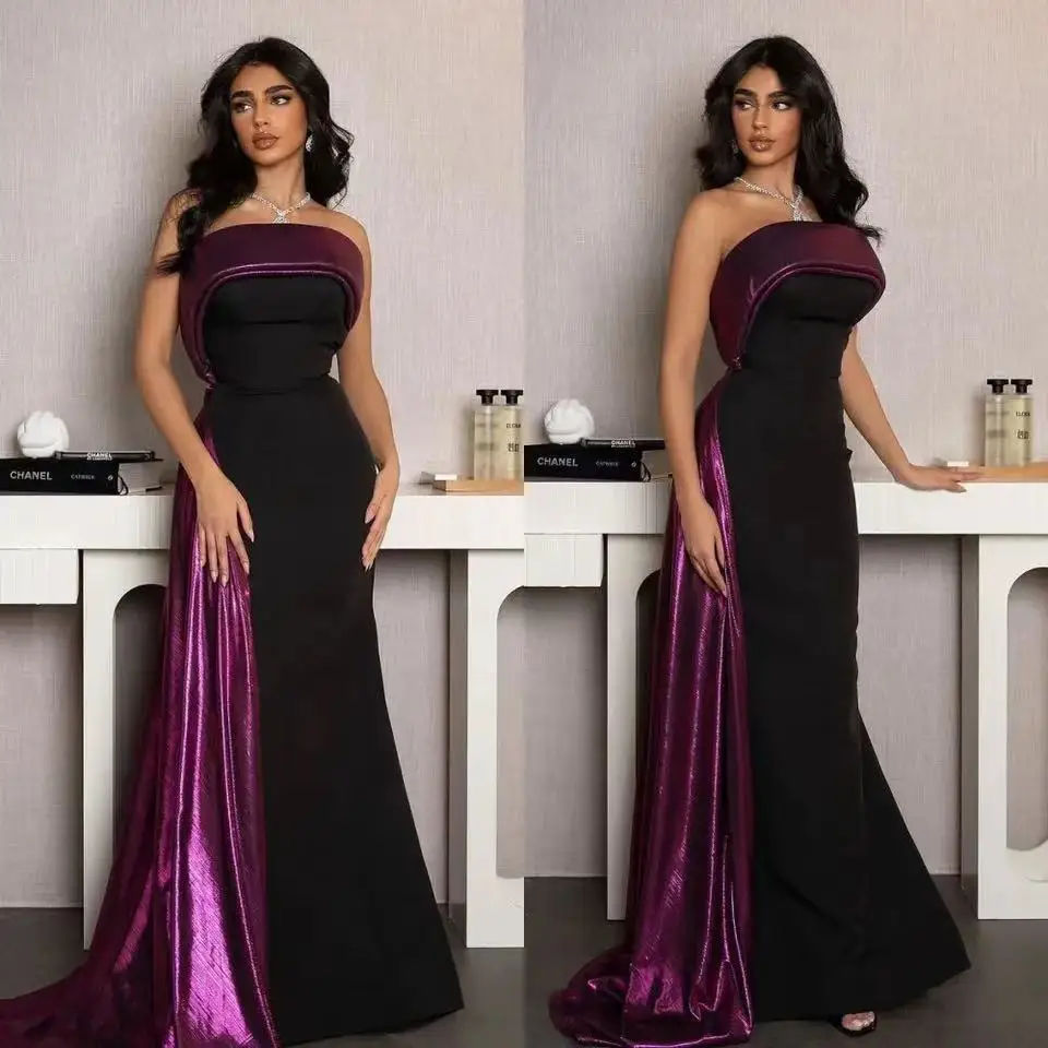 

OIMG New Design Strapless Prom Dresses Saudi Arabic Women Satin Sleeveless Mermaid Black Evening Gowns Formal Party Dress