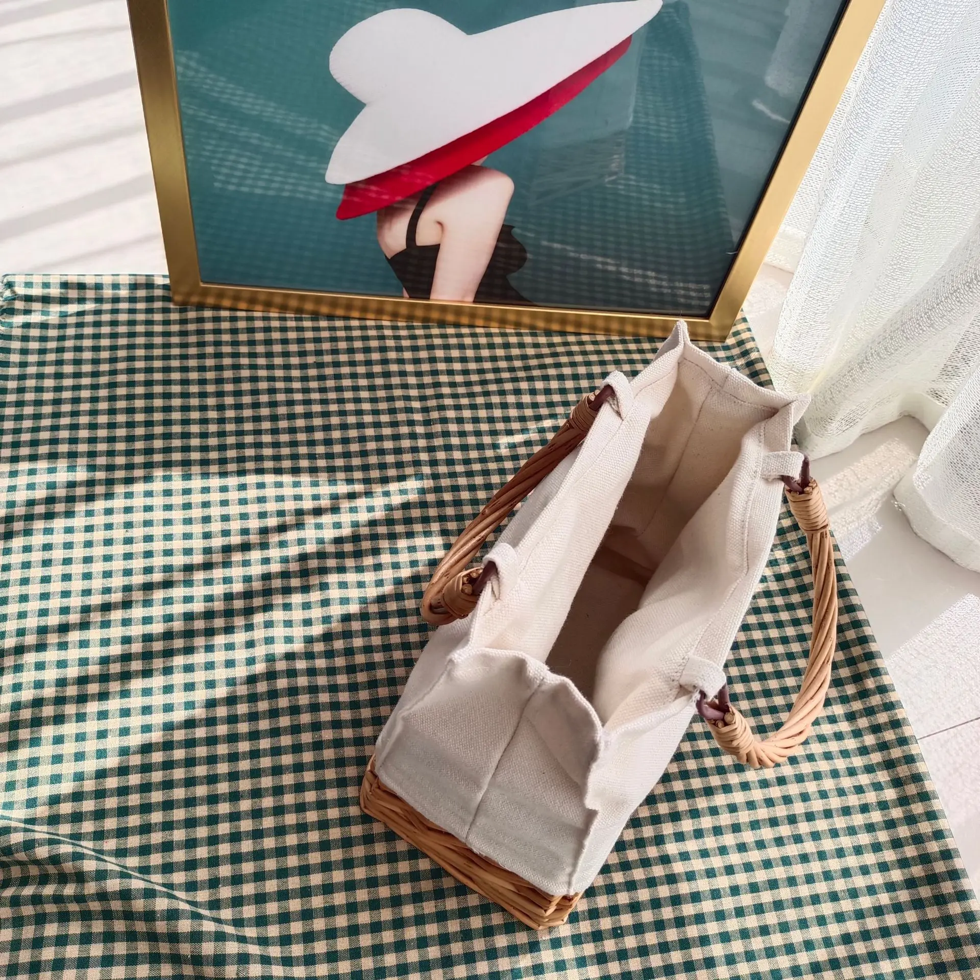 Handmade straw bag canvas splicing shoulder bag Woven Crossbody rattan bag portable holiday handbag bucket bag female summer