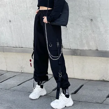 Cool Women Cargo Pants Ins Harem Pants Fashion Punk Pockets Jogger Trousers With Chain Harajuku Elastics High Waist Streetwear