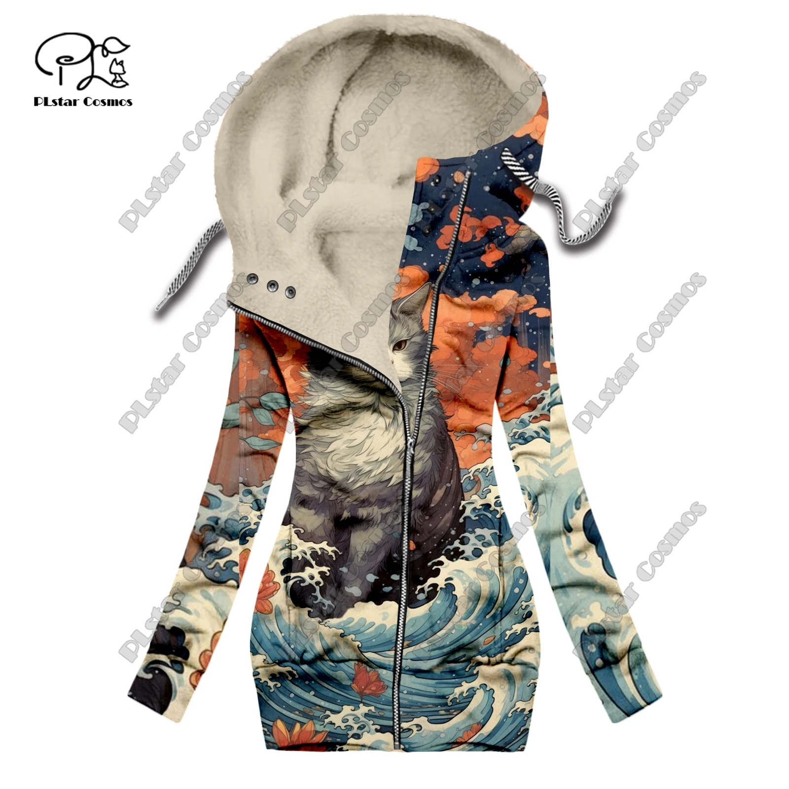 New 3D printed animal series cute cat pattern velvet warm women's long zipper hoodie coat commuting casual winter M-1