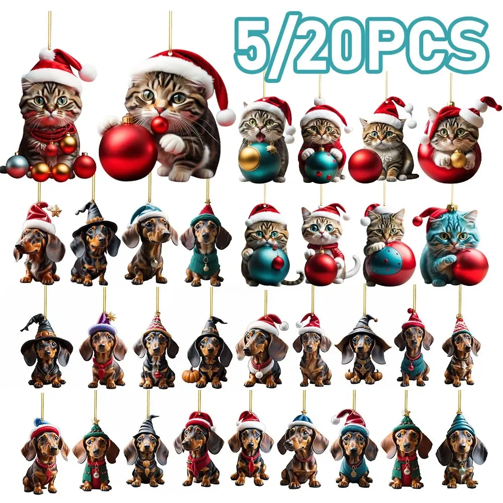5/10pcs Christmas Tree Hanging Oranments Funny Cat Dog Xmas Tree Pendant Decoration for Home